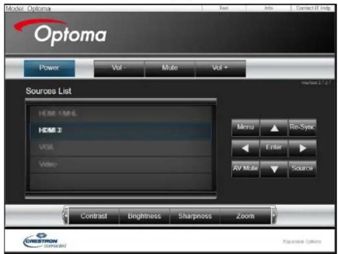Model: Optoma Info Info Contact IT Help Optoma Power Vol - Mute Vol + Sources List HOME JMS HOME J VGA Video Menu Re-Sync Enter AV Mute Source Contrast Brightness Sharpness Zoom CRESTRON connected Expansion Options