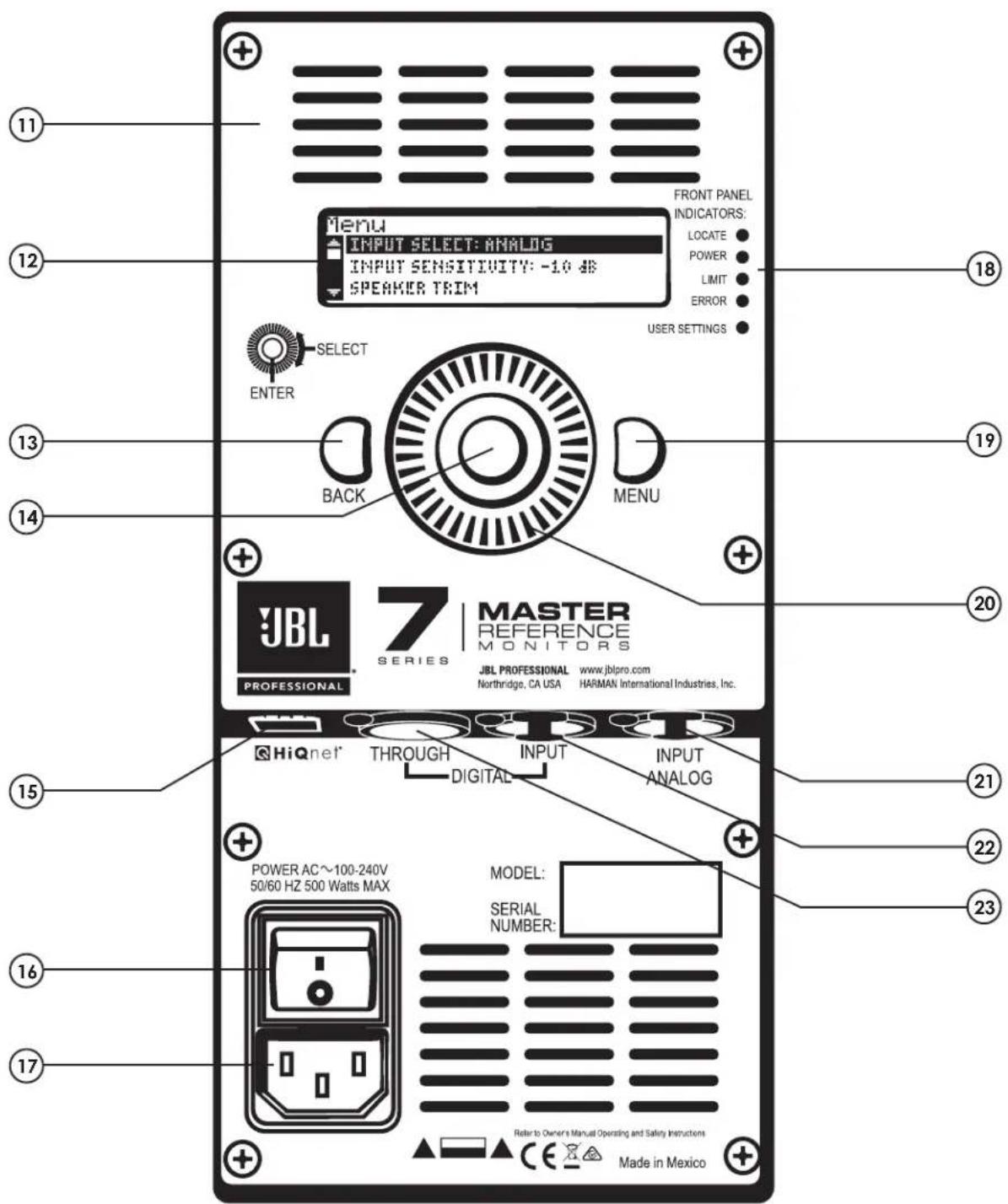 FRONT PANEL INDICATORS: MENU INPUT SELECT: ANALOG INPUT SENSITIVITY: -10 dB SPEAKER TRIM LOCATE POWER LIMIT ERROR USER SETTINGS SELECT ENTER BACK MENU JBL PROFESSIONAL 7 SERIES MASTER REFERENCE MONITORS JBL PROFESSIONAL www.jblpro.com Northridge, CA USA HARMAN International Industries, Inc. PROFESSIONAL HiQnet THROUGH INPUT INPUT DIGITAL ANALOG POWER AC~100-240V 50/60 HZ 500 Watts MAX MODEL: SERIAL NUMBER: Refer to Owner's Manual Operating and Safety Instructions Made in Mexico