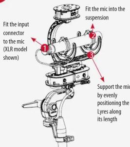Fit the input connector to the mic (XLR model shown) Fit the mic into the suspension Support the mic by evenly positioning the Lyres along its length
