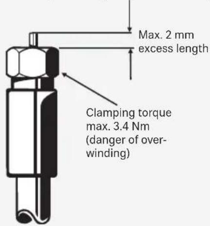 Max. 2 mm excess length Clamping torque max. 3.4 Nm (danger of over- winding)