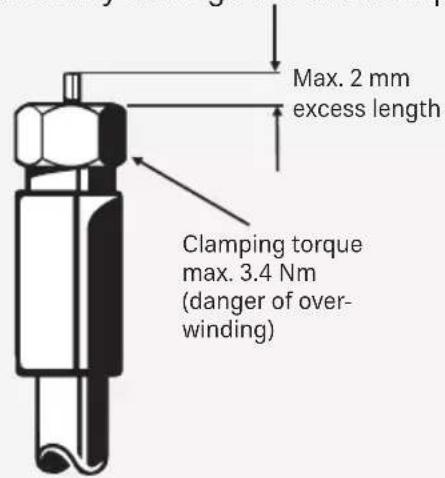 Max. 2 mm excess length Clamping torque max. 3.4 Nm (danger of over- winding)