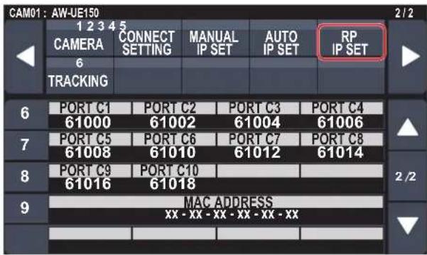 CAM01: AW-UE150 1 2 3 4 5 CAMERA CONNECT SETTING MANUAL IP SET AUTO IP SET RP IP SET 6 TRACKING 6 PORT C1 61000 PORT C2 61002 PORT C3 61004 PORT C4 61006 7 PORT C5 61008 PORT C6 61010 PORT C7 61012 PORT C8 61014 8 PORT C9 61016 PORT C10 61018 MAC ADDRESS xx - xx - xx - xx - xx - xx 2/2 2/2 9