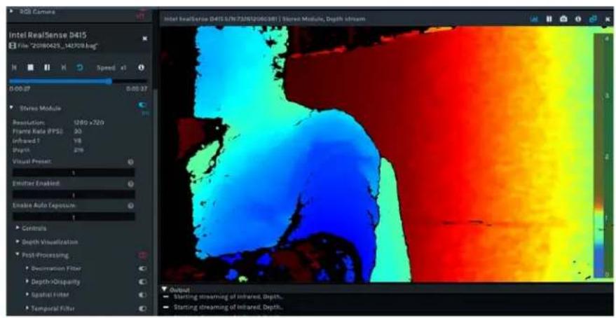 Intel RealSense D415 S/N 730812060381 | Stored Module, Depth Stream File: "20180425_142709.bag" K H K Speed x1 0:00:07 0:00:37 Stereo Module Resolution: 1280 x 720 Frame Rate (FPS): 30 Infrared T: 18 Depth: 276 Visual Preset: Emitter Enabled: Enable Auto Exposure: Controls Short Visualization Post-Processing Decimation Filter Depth-Disparity Spatial Filter Temporal Filter Intel RealSense D415 S/N 730812060381 | Stored Module, Depth Stream Output Starting streaming of Infrared, Depth. Starting streaming of Infrared, Depth.