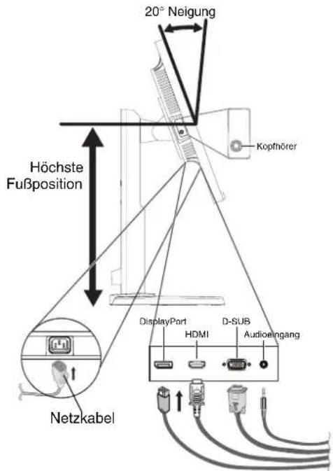 20° Neigung Höchste Fußposition Kopfhörer DisplayPort HDMI D-SUB Audioeingang Netzkabel