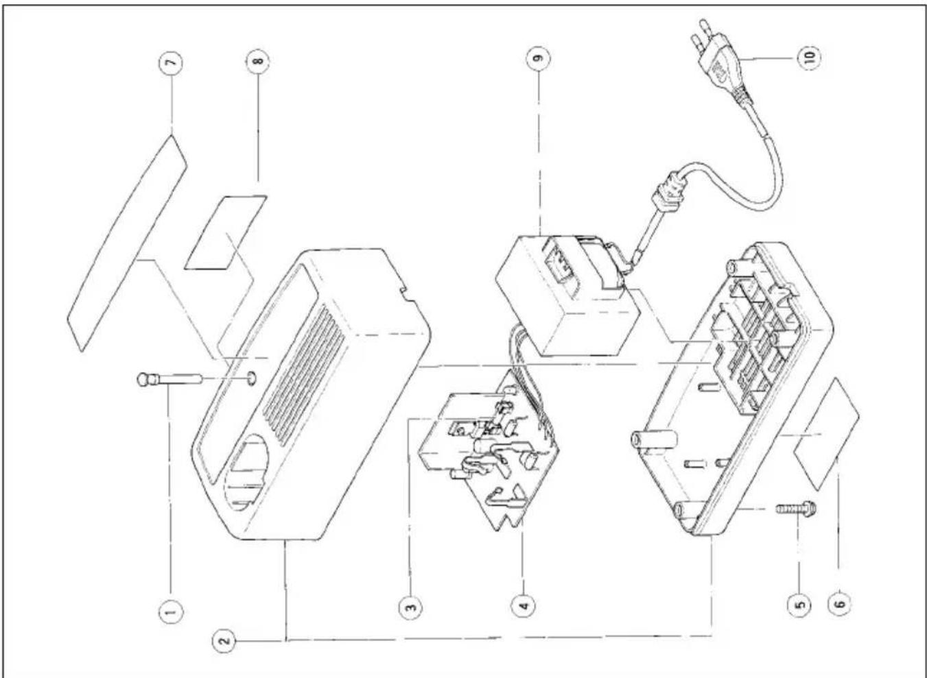 Exploded view diagram of an electrical device with numbered components for identification
