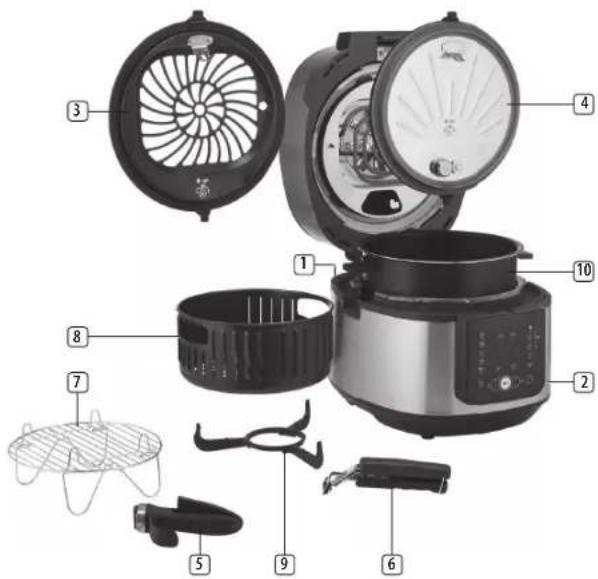 Exploded view diagram of a cooking appliance with numbered parts for identification