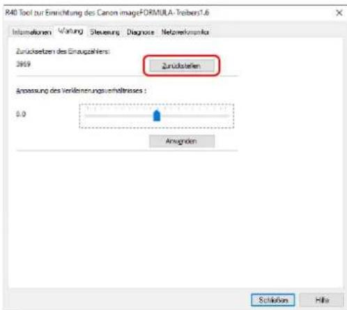 R40 Tool zur Einrichtung des Canon imageFORMULA-Treiber1.6 Informationen Waltung Steuerung Diagnose Netzweitermarka Zurücksetzen des Einzuptionen: 3969 Zurückstellen Anpassung des Veränderungen erhaltnisses : 8.0 Anzugnden Schäden Hite