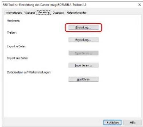R40 Tool zur Einrichtung des Canon imageFORMULA-Treiber1.6 Informationen Währung Steuernung Diagnose Netzelnbanker Hardware: Enzahlung... Treiber: Enzahlung... Export in Dates: Exporten... Import aus Dates: Importieren... Zurücksetzen auf Werkenstellungen: Aufführen Solution Hilo
