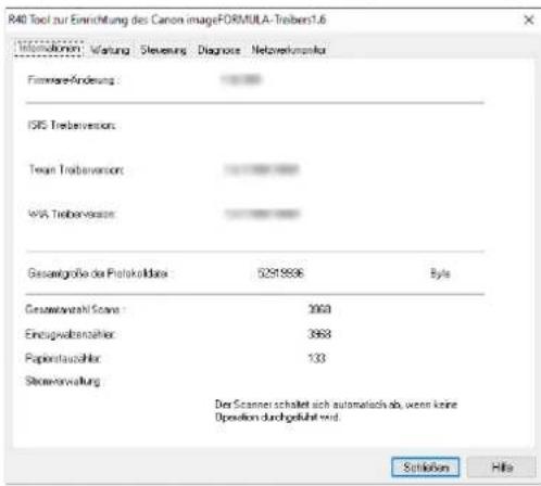 R40 Tool zur Einrichtung des Canon imageFORMULA-Treiber1.6 Information: Valtung Stevenung Diagnose Netzverkanika Finanziere-Andesung : ISRS Treiberversion : Texan Treiberversion : WVA Treiberversion : Gesamtgröbe der Protokuläste 5291898 Byte Gesamtverzahl Scope 3960 Eintragswertenzähler 3968 Papentauszahlar 133 Steuerverwaltung Der Scanner schaltet sich automatisch ab, wenn keine Operation durchgeführt wird. Schäden Hilte