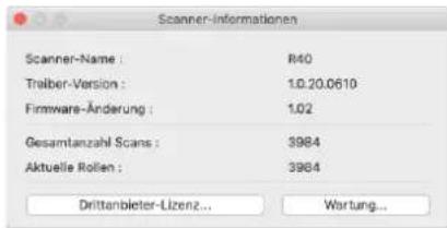 Scanner-Informationen Scanner-Name : R40 Traiber-Version : 1.0.20.0610 Firmware-Änderung : 1.02 Gesamtanzahl Scans : 3984 Aktuelle Rollen : 3984 Drittanbieter-Lizenz... Wartung...