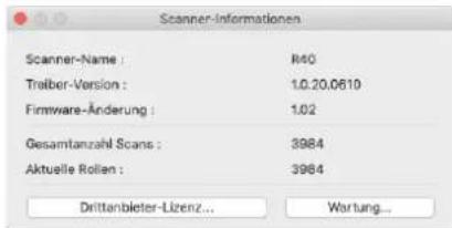 Scanner-Informationen Scanner-Name : R40 Trolber-Version : 1.0.20.0610 Firmware-Änderung : 1.02 Gesamtanzahl Scans : 3984 Aktuelle Rollen : 3984 Drittanbleter-Lizenz... Wartung...