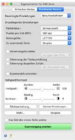 Einschalten für R40 Serie Einfacher Modus Einstellter Modus Bevorzugte Einstellungen Benutzdefiniert Grundlegende Einstellungen Fartmodus : Schwarzweiß Punkte pro Zoll (DPI) : 300 dpi Seilengröße : LETTER Zu scannende Seite: Simplex Verzernungskorrektur Fortigen der Wirs... Erkennung der Textausrichtung Erkennung doppelter Zufahr. Mit Umschaffverka... Scanbereich einstellen Helligkeit/Kontrast Dunkler Heller 128 Helligkeit : Niedrig Hoch Kontrast : 3 Bildbearbeitung... Gamma-Einstellungen... Mehr... Vorgabe Das Bild der ersten Seite prüfen Scanvorgang starten