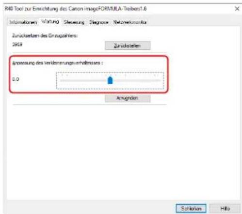 R40 Tool zur Einrichtung des Canon imageFORMULA-Treibers1.6 Informationen Waltung Steuernung Diagnose Nettoreszumbar Zurücksetzen des Gruppahlers: 2059 Zurückstellen Anpassung des verklennungsverhältnisses : 0,0 Anzugden Schlossen Hits