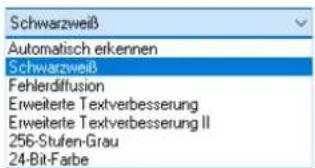 Schwarzweiß Automatisch erkennen Schwarzweiß Fehlerdiffusion Erweiterte Textverbesserung Erweiterte Textverbesserung II 256-Stufen-Grau 24-Bit-Farbe