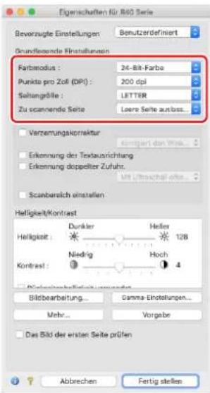 Eigenschaften für 860 Serie Bevorzugte Einstellungen Benutzerdefiniert Grundflegeende Finstellungen Farbenodus : 24-Bit-Farbe Punkte pro Zoll (DPI) : 200 dpi Seitangrille : LETTER Zu econnende Seite Loere Seite ausbss... Verzernungskorrektur kortiert den Wink... Erkennung der Textausrichtung Erkennung doppelter Zufuhr. Scanbereich einstellen Helligkeit/Kontast Helligkeit : Dunkler Heller Helligkeit : Niedrig Hoch Kontast : 3 4 Bildbearbeitung... Gamma-Einstellungen... Mehr... Vorgabe Das Bild der ersten Seite prüfen Abbrechen Fertig stelle