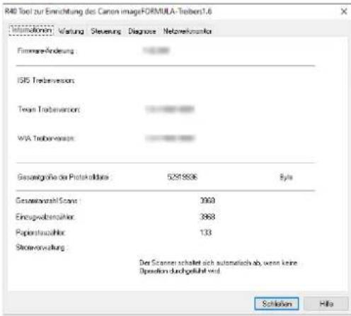 R40 Tool zur Einrichtung des Canon imageFORMULA-Trebers1.6 Information Wertung Steuierung Diagnose Netzwerkontaktor Finanzielle-Andereung ISIS Treibeversors Team Treibeversors WTA Treibeversors Gesamtgröhe der Protokalbeiter 52918996 Byte Gesamtverahl-Scanr 3969 Einregelabenzaher 3968 Paperanzuholer 133 Steuverwaltung Der Scanner schaltet sich automatically ab, wenn keine Operation durchgeführt wird Schlecken Hilla