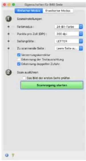 Eigenschaften für R400 Series Einflücher Modus Erweiterter Modus 1 Scaneinstellungen • Farbimodus : 24-Bit-Farbe • Punkta pro Zoll (DPI) : 200 dpi • Seitengröße : LETTER • Zu scanningende Seite : Leere Seite au... ✓ Verzernungskorrektur ☐ Erkennung der Textaussrichtung ✓ Erkennung doppelter Zufuhr: 2 Scan ausführen ☐ Das Bild der ersten Seite prüfen Scanvorgang starten