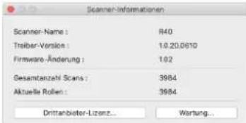 Scanner-Informationen Scanner-Name : 840 Treiber-Version : 1.0.20.0610 Firmware-Änderung : 1.02 Gesamtanzahl Scans : 3984 Aktuelle Rollen : 3984 Drittanbieter-Lizenz... Wortung...
