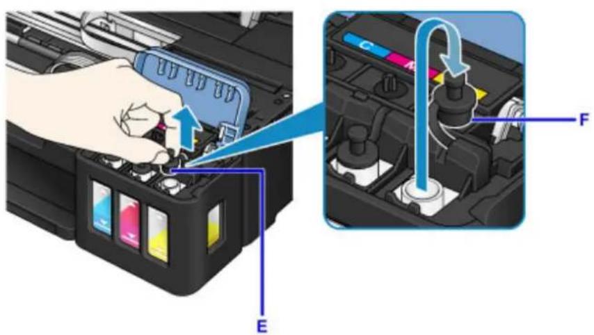 CANON PIXMA G3200 - Grab and remove the tank cap (E) of the ink tank to be refilled. - 1