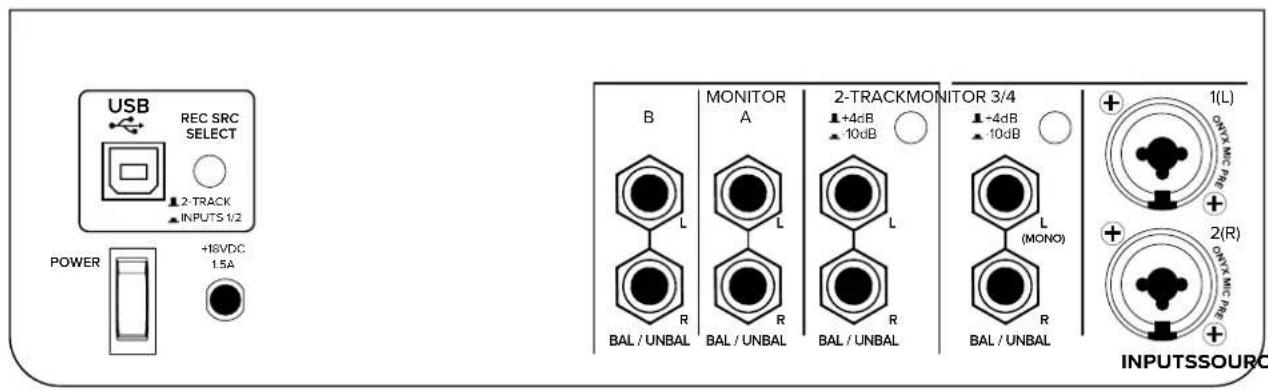 USB REC SRC SELECT 2-TRACK INPUTS 1/2 POWER +16VDC 1.5A B MONITOR A 2-TRACKMONITOR 3/4 +4dB 10dB -4dB 10dB L L L L R BAL / UNBAL BAL / UNBAL BAL / UNBAL L (MONO) R BAL / UNBAL 1(L) ONLY MIC RARE + + OUTPUTSSOURCE 2(R) ONLY MIC RARE