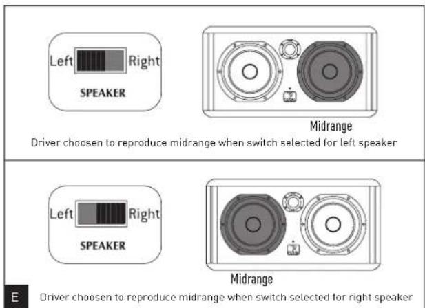 Left Right SPEAKER Midrange Driver chosen to reproduce midrange when switch selected for left speaker Left Right SPEAKER Midrange E Driver chosen to reproduce midrange when switch selected for right speaker