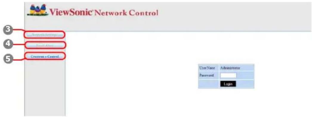ViewSonic Network Control 3 4 5 Network Settings... Small Array... Creatron e-Control... User Name Administrator Password Login