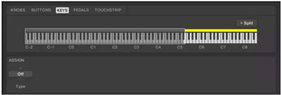 KNOBS BUTTONS KEYS PEDALS TOUCHSTRIP + Split C-2 C-1 C0 C1 C2 C3 C4 C5 C6 C7 C8 ASSIGN Off Type