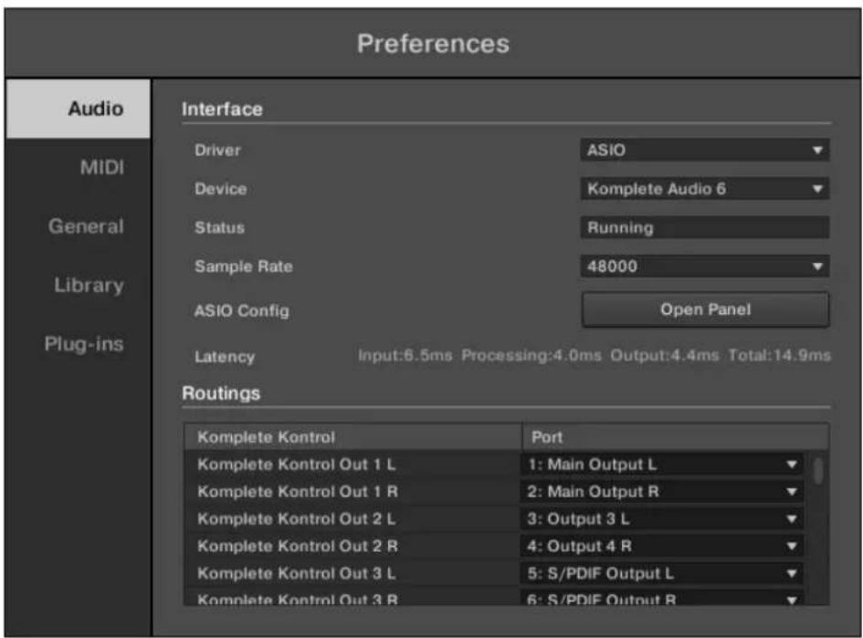 Preferences Audio MIDI General Library Plug-ins Interface Driver ASIO Device Komplete Audio 6 Status Running Sample Rate 48000 ASIO Config Open Panel Latency Input:6.5ms Processing:4.0ms Output:4.4ms Total:14.9ms Routings Komplete Kontrol Port Komplete Kontrol Out 1 L 1: Main Output L Komplete Kontrol Out 1 R 2: Main Output R Komplete Kontrol Out 2 L 3: Output 3 L Komplete Kontrol Out 2 R 4: Output 4 R Komplete Kontrol Out 3 L 5: S/PDIF Output L Komplete Kontrol Out 3 R 6: S/PDIF Output R