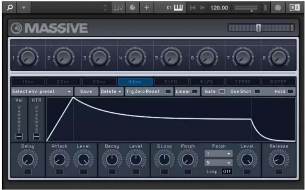 MASSIVE 1 Env 2 Env 3 Env 4 Env 5 LFO 6 LFO 7 PERF 8 STEP Select env. preset Save Delete Trg Zero Reset Linear Gate One Shot Hold Vel KTR Delay Attack Level Decay Level S Loop Morph Morph Level Release Loop Off