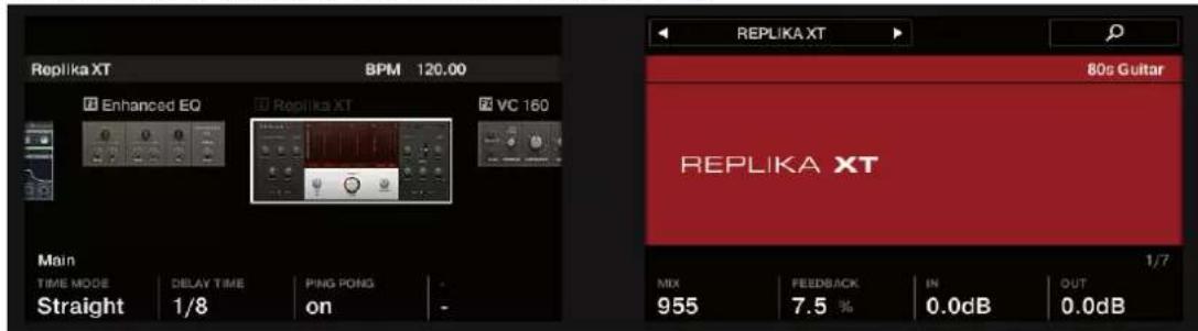 Replika XT BPM 120.00 Enhanced EQ Replika XT VC 160 Main TIME MODE DELAY TIME PING PONG -- Straight 1/8 on - REPLIKA XT 80s Guitar 1/7 MIX 955 FEEDBACK 7.5 % IN 0.0dB OUT 0.0dB
