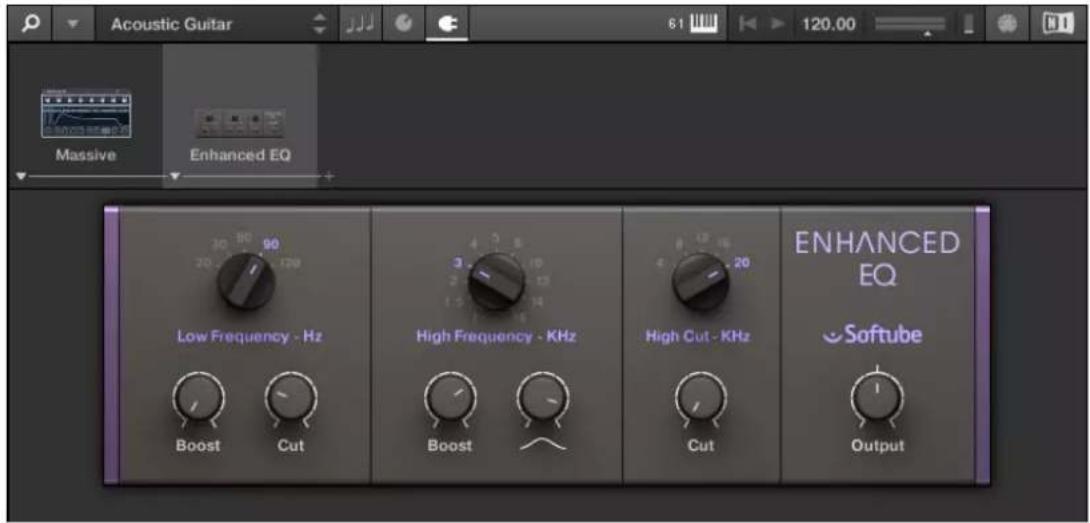 Acoustic Guitar Massive Enhanced EQ 30 80 90 20 120 Low Frequency - Hz High Frequency - KHz High Cut - KHz ENHANCED EQ Softube Boost Cut Boost Cut Output