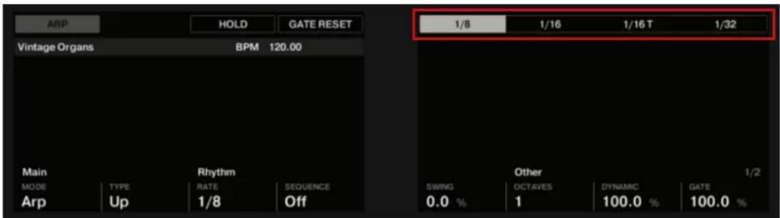 ARP HOLD GATE RESET Vintage Organs BPM 120.00 Main Rhythm MODE TYPE RATE SEQUENCE Arp Up 1/8 Off 1/8 1/16 1/16 T 1/32 SWING OCTAVES DYNAMIC GATE 0.0 % 1 100.0 % 100.0 %