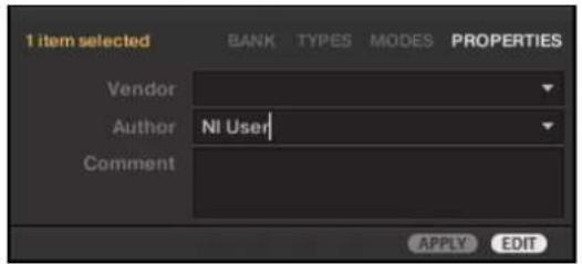1 item selected BANK TYPES MODES PROPERTIES Vendor Author Ni User Comment APPLY EDIT