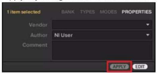 1 item selected BANK TYPES MODES PROPERTIES Vendor Author Ni User Comment APPLY EDIT