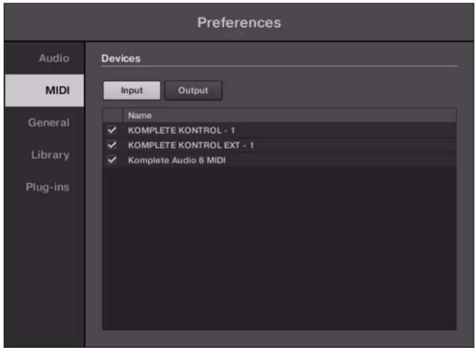 Preferences Audio MIDI General Library Plug-ins Devices Input Output Name ✓ KOMPLETE KONTROL - 1 ✓ KOMPLETE KONTROL EXT - 1 ✓ Komplete Audio 6 MIDI