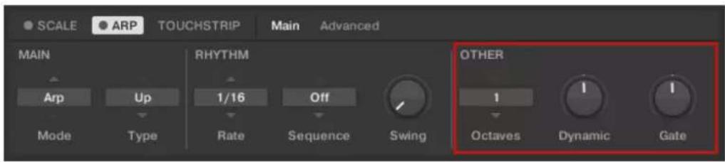 SCALE: ARP TOUCHSTRIP Main Advanced MAIN RHYTHM OTHER Arp Up 1/16 Off 1 Octaves Dynamic Gate Mode Type Rate Sequence Swing