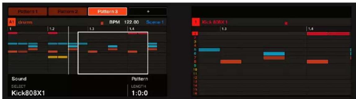 Pattern 1 Pattern 2 Pattern 3 + A1 drums BPM 122.00 Scene 1 1 1.2 1.3 1.4 Sound Select Kick808X1 Pattern LENGTH 1:0:0 Kick 808X 1 1.3 1.4 1 2 3 4 5 6 7 8 9 10 11 12 13 14 15 16
