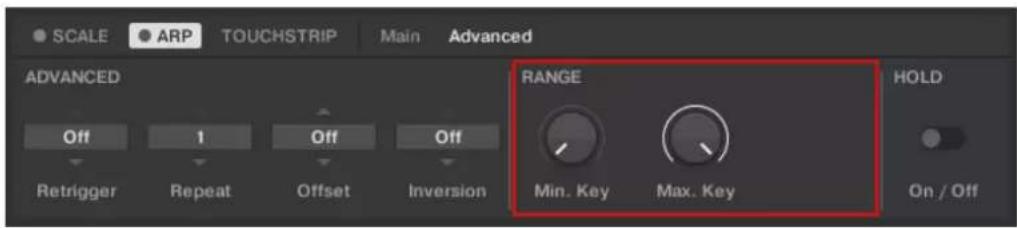 SCALE ARP TOUCHSTRIP Main Advanced ADVANCED Off 1 Off Off Retrigger Repeat Offset Inversion RANGE Min. Key Max. Key HOLD On / Off