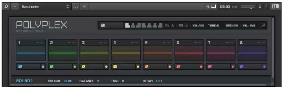Basshunter POLYPLEX BY TWENTED TOOL 1 2 3 4 5 6 7 8 SOUND 1 VOLUME -3 dB BALANCE 0 TUNE 0 DECAY 100 VEL:100 TUNE:0 DEC:100 VOL:0dB