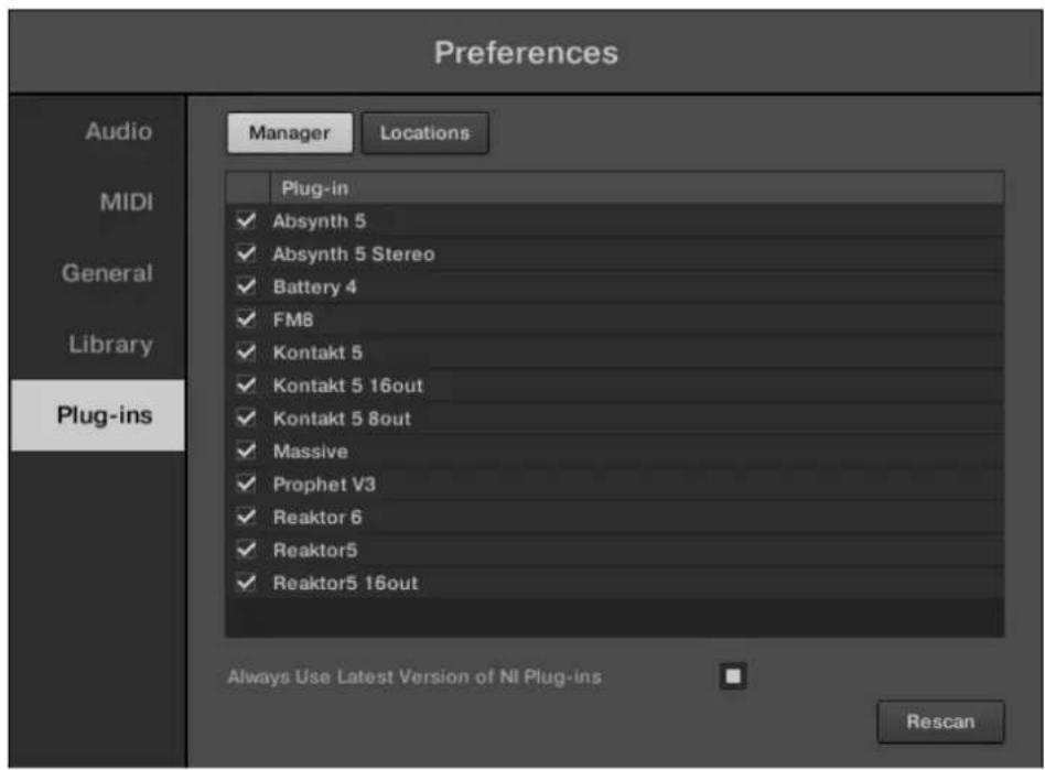 Preferences Audio MIDI General Library Plug-ins Manager Locations Plug-in ✓ Absynth 5 ✓ Absynth 5 Stereo ✓ Battery 4 ✓ FM8 ✓ Kontakt 5 ✓ Kontakt 5 16out ✓ Kontakt 5 8out ✓ Massive ✓ Prophet V3 ✓ Reaktor 6 ✓ Reaktor5 ✓ Reaktor5 16out Always Use Latest Version of NI Plug-ins Rescan