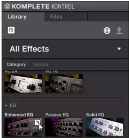 KOMPLETE KONTROL Library Files FX All Effects Category Vendor VC 2A VC 70 EQ Enhanced EQ Passive EQ Solid EQ