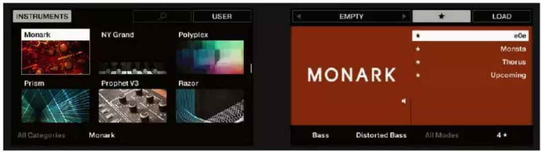 INSTRUMENTS USER Monark NY Grand Polyplex Prism Prophet V3 Razor All Categories Monark EMPTY LOAD eGe Monsta Thorus Upcoming MONARK Bass Distorted Bass All Modes 4 *