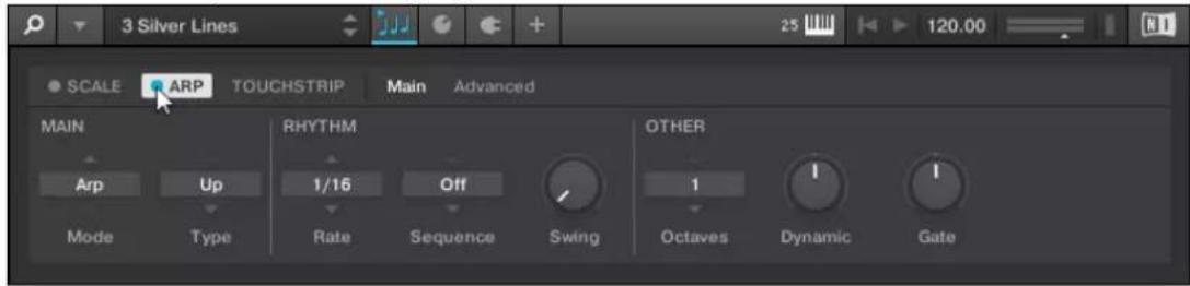 3 Silver Lines SCALE ARP TOUCHSTRIP Main Advanced MAIN Arp Up RHYTHM 1/16 Off OTHER Mode Type Rate Sequence Swing Octaves Dynamic Gate