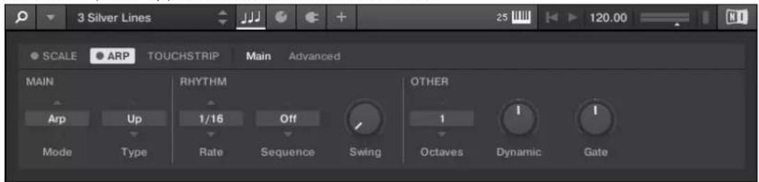 3 Silver Lines SCALE ARP TOUCHSTRIP Main Advanced MAIN Arp Up RHYTHM 1/16 Off OTHER Mode Type Rate Sequence Swing Octaves Dynamic Gate