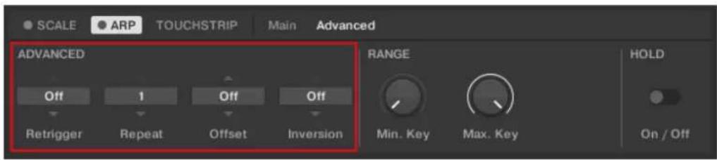 SCALE ARP TOUCHSTRIP Main Advanced ADVANCED Off 1 Off Off Retrigger Repeat Offset Inversion RANGE Min. Key Max. Key HOLD On / Off