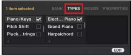 1 item selected BANK TYPES MODES PROPERTIES Piano/Keys ✓ Elect... Piano ✓ Pitch Shift □ Grand Piano □ Pluck...trings □ Harpsichord □ + +