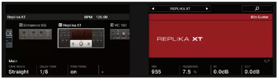 Replika XT BPM 120.00 Enhanced EQ Replika XT VC 160 Main TIME MODE DELAY TIME PING PONG - Straight 1/8 on - REPLIKA XT 80s Guitar 1/7 MIX 955 FEEDBACK 7.5 % IN 0.0dB OUT 0.0dB