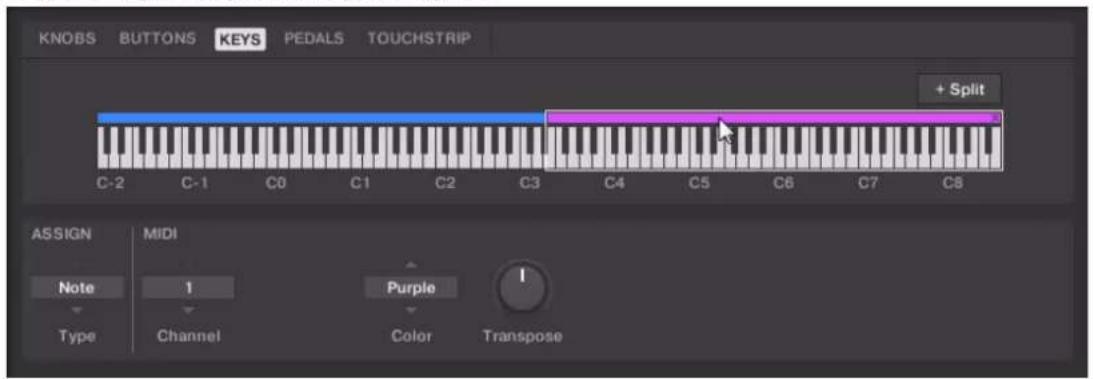 KNOBS BUTTONS KEYS PEDALS TOUCHSTRIP + Split C-2 C-1 C0 C1 C2 C3 C4 C5 C6 C7 C8 ASSIGN MIDI Note 1 Purple I Type Channel Color Transpose