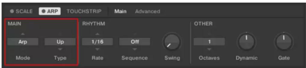 SCALE ARP TOUCHSTRIP Main Advanced MAIN Arp Up RHYTH 1/16 Off OTHER Mode Type Rate Sequence Swing Octaves Dynamic Gate