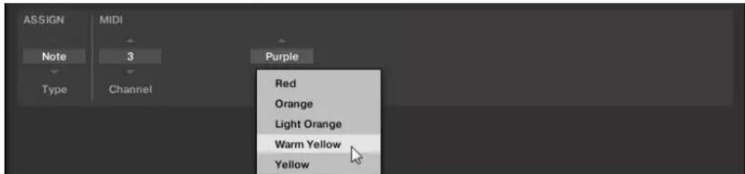 ASSIGN MIDI Note 3 Type Channel Purple Red Orange Light Orange Warm Yellow Yellow